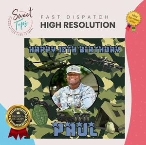 Army + Photo Personalised Square Edible Birthday Cake Topper Cake Decoration - Picture 1 of 6