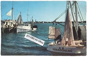 1950s OCRACOKE, NC, FISHING BOAT JOHN TILDEN and AB WATERFRONT SCENE POSTCARD - Picture 1 of 4