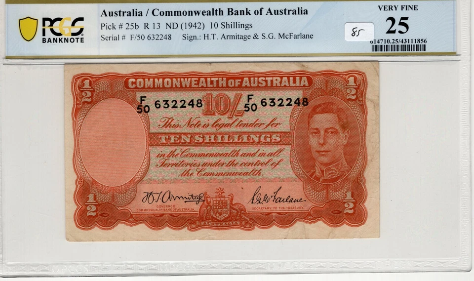 Australia 1942 10 Shillings PCGS Certified Banknote Very Fine 25 Pick 25b R13 - Image 1 of 2