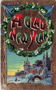 VINTAGE GLOSSY GEL NEW YEAR POSTCARD WREATH AND WINTER SCENE c1910 012524 T - Picture 1 of 2