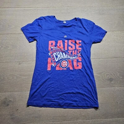 Chicago Cubs 2016 Campions Majestic Womens T-Shirt Medium Blue Raise Flag  I4a - Image 1 of 4