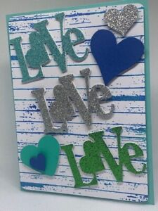 Handmade "LOVE LOVE LOVE" 4" X 6" Blue & Green Greeting Card & Envelope