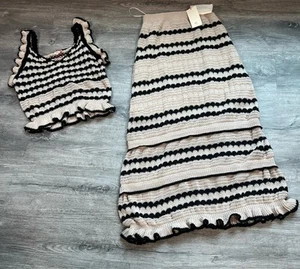 Solitaire Two Pc Knit Black/Tan stripe rufflle Crochet Skirt tank Set NWT small - Picture 1 of 8