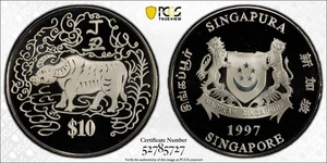 1997 Singapore $10 Lunar Series The Year of the OX CuNi PCGS PL69 - Picture 1 of 3