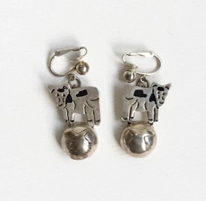 Sterling Silver Cow Bovine Dangle Mexico Clip-On Earrings - Picture 1 of 2