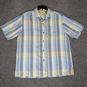 Tommy Bahama Silk Shirt Plaid Short Sleeve Button Up Casual Men's Blue Large - Picture 1 of 7