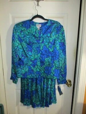 Adrianna Papell Mujer Azul y Verde Seda Traje Falda y Top Años 80-12P Nuevo de Lote Antiguo Foto 1 de 4