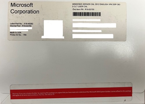 Microsoft Windows Server CAL 2012 English 1PK DSP OEI 5 CLT USER CAL # ...