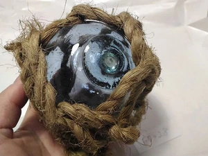 Vintage Japanese Glass Fishing Float 3.6" Nautical buoy Aqua Ball, Rope FB028 - Picture 1 of 3