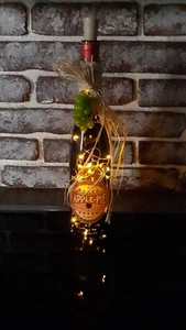 Handmade Mood Decorative Lighted Amber Wine Bottle w/ Soft White Fairy Lights  - Picture 1 of 6