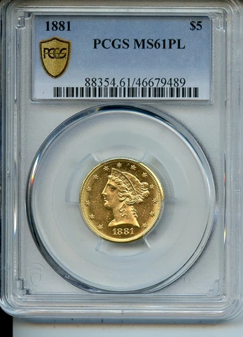 1881 $5 Gold PCGS MS61PL Prooflike Cover