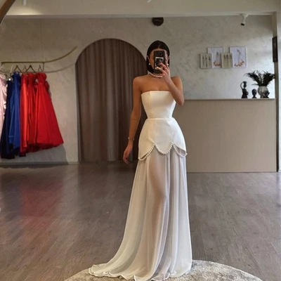 Elegantes vestidos de novia de perlas con hombros descubiertos de gasa línea A mejor vestido de novia de playa Foto 1 de 4