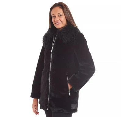 NINE WEST 女式黑色毛绒人造毛皮拉链下摆双面外套 S 码全新带标签 209 美元 — 第 1/4 张图片