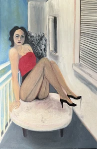 Balcony Oil on Canvas Art Painting Beata Ulikowska Signed - Picture 1 of 8
