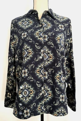 Camisa suave hawaiana de colección para mujer La Cabana azul marino estampado cachemir talla M abotonada Foto 1 de 4