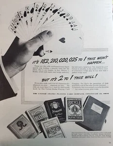Publicidad impresa de tarjetas de juego de bicicleta 1944 arte de pared efímero decoración mano de pinocle - Imagen 1 de 1