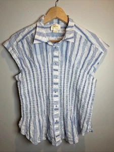 Anthropologie Maeve Blue White Striped Smocked Short Sleeve Top Women's Sz Large - Picture 1 of 15