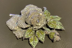 Brooch Rose Rhinestones Silver Tone Pin 3D 5-1/4” X 4” 2 Beautiful! NEW Free Shp - Picture 1 of 4