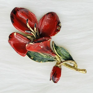 Vintage Floral Brooch Red Flower Enamel Painted Stylized Tulip - Picture 1 of 5
