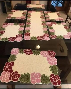 Rose Design Beaded Dining Table Set With 1 Table Runner 6 Placemat And 6 Coaster - Picture 1 of 12