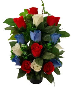 Arreglo de maceta de tumba flor de seda artificial toda rosa espalda plana rojo blanco azul - Imagen 1 de 8
