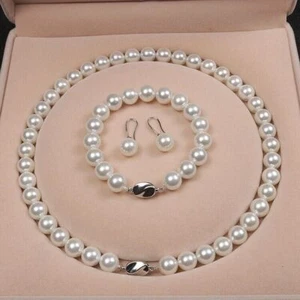 Schmuckset weiß Perlenkette Armband Ohrringe Collier Muschelkernperlen Geschenk - Bild 1 von 5