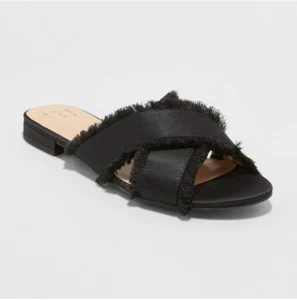 WOMEN'S A NEW DAY SEPHORIE SATIN FRAYED CROSS BAND SLIDE FLATS/SANDALS, BLACK - Picture 1 of 3
