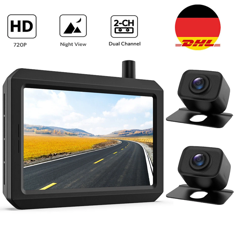 Digital Kabellos Rückfahrkamera Funk 5" HD Monitor mit 2 Rückseiten Kameras IP68 - Bild 1 von 4