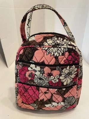 Cartera de almuerzo Vera Bradley rosa negro blanco acolchada con mango aislado Foto 1 de 4