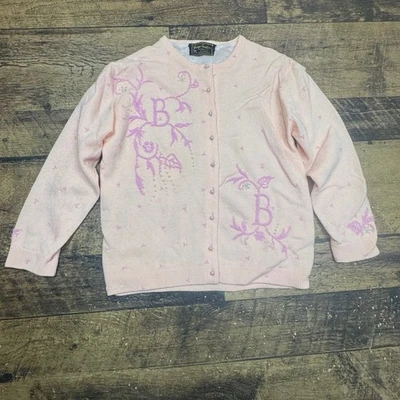 George Sweaters Pink Cashmere Lambswool Cardigan Beaded Floral Monogram B - Image 1 of 4