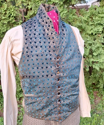 Original regency 1790s 1820s waistcoat vest 40" chest stand collar antique blue - Image 1 of 4