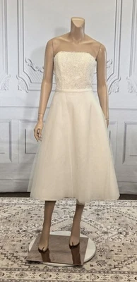 Galina David's Bridal Ivory Alencon Lace Tea Length Strapless Wedding Dress Sz 8 - Image 1 of 4