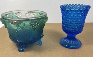 Collectible Blue Hobnail Glass Goblet & Jeannette Harvest Grape Candy Dish - Picture 1 of 7