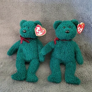 Ty Beanie Baby- Lot of 2 - 2001 Holiday Teddy – Green Teddy Bear - Picture 1 of 5