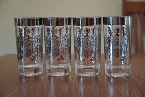 4 Kimiko Vintage 5.5" Highball Glasses Silver Crest Coat of Arms MCM Barware Set - Picture 1 of 5
