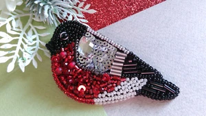 Bead Embroidery Brooch Pin "Bullfinch" Bird Handmade Women Jewelry - Picture 1 of 3