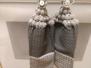 Light Gray and Dark Gray 2 Hanging Kitchen Dish Towels Set Crochet Tops Handmade - Picture 1 of 7