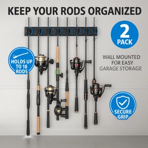 Fishing Rod Rack Wall Mount Holder - 2 Pack Vertical Storage for Garage 18 Rods - Picture 1 of 9