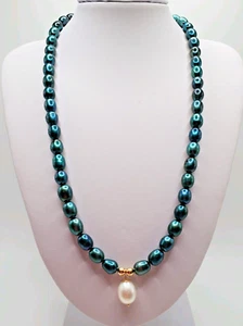 New 17" Genuine Blue Green FWP Necklace W/ White FWP Drop & 14KYG Beads & Clasp - Picture 1 of 7