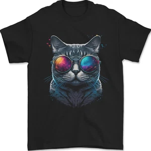 A Coole Katze Mit Kosmos Brille Herren 100% Baumwoll - Picture 1 of 9