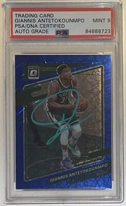 Giannis Antetokounmpo Signed 2022 Donruss Optic Blue Velocity Prizm PSA 9 Auto