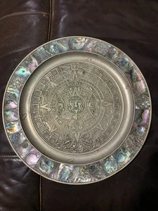 Vintage LG Dish Abalone Inlayed Aztec Calendar Stamped Alpaca 13.5” AS IS - Picture 1 of 12