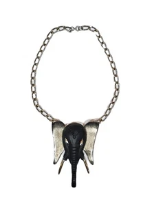 VTG Black Enamel Silver Tone Elephant Statement Necklace Large Unsigned Razza? - Picture 1 of 13