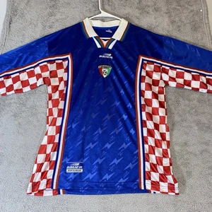 VTG Bauer Kuwait F.E.A. Soccer Jersey Size 46 Blue Checkered Short Sleeve Rare - Picture 1 of 10