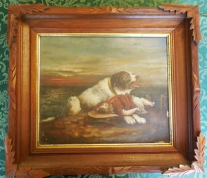 19th c. Oil on Canvas Dog Rescuing a Child Signed Benedict - Picture 1 of 8