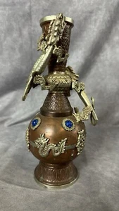 Antique 19th Century Chinese Asian Copper Brass Dragon Vase Vintage Blue Stones - Picture 1 of 9