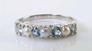 9K 9CT WHITE GOLD PEARL AQUAMARINE ETERNITY BAND ART DECO INS RING FREE RESIZE - Picture 1 of 6