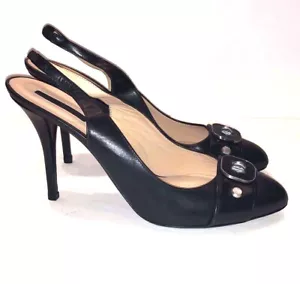 Longchamp Nero Pelle Roseau Punta Anteriore Turnlock Slingback Tacchi Italia Tg 41 - Foto 1 di 10