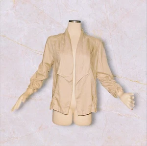 CHICO'S Open Front Blazer Tan Beige 100% Linen Ruched 3/4 Sleeves Size 1 US M 8 - Picture 1 of 13