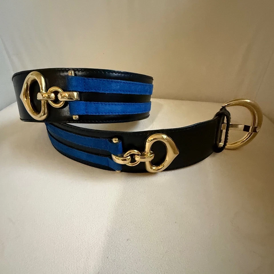 ESCADA Vintage Cuero Negro Azul Gamuza Horsebit Hebilla Talla 40 Foto 1 de 4